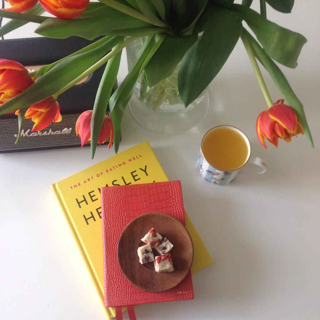 HemsleyHemsley's tweet photo. Sunshine colours! #PepUpTea, orange tulips & our #TahiniBlissFudge. Both recipes in #TheArtOfEatingWell #HoorayitsMay http://t.co/qyAFVimPQ9