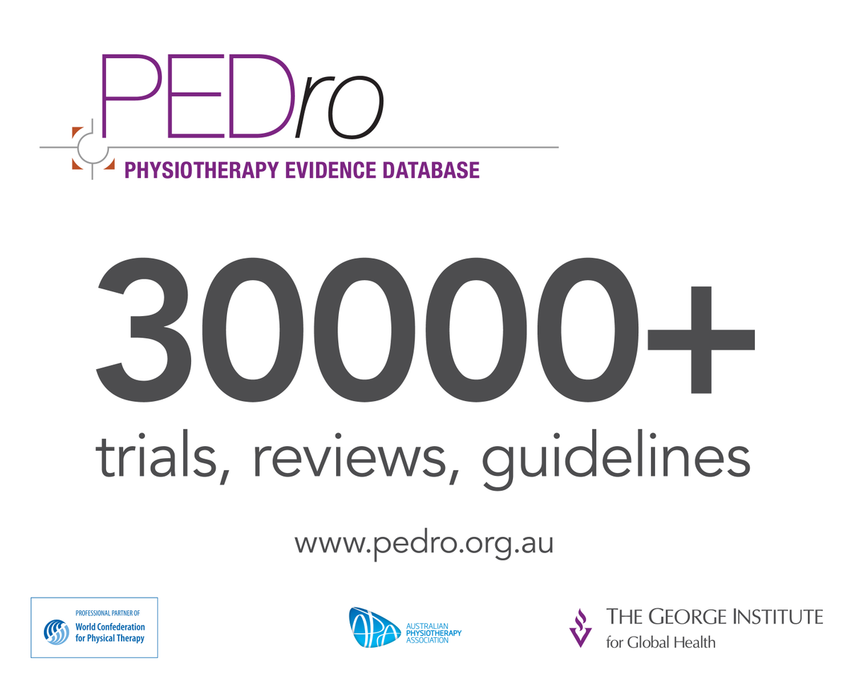 PEDro_database's tweet photo. PEDro now indexes 30,000+ trials, reviews and guidelines http://t.co/2PwuI7f5QQ #PhysicalTherapy #physio #WCPT2015 http://t.co/ly1M0gLURf