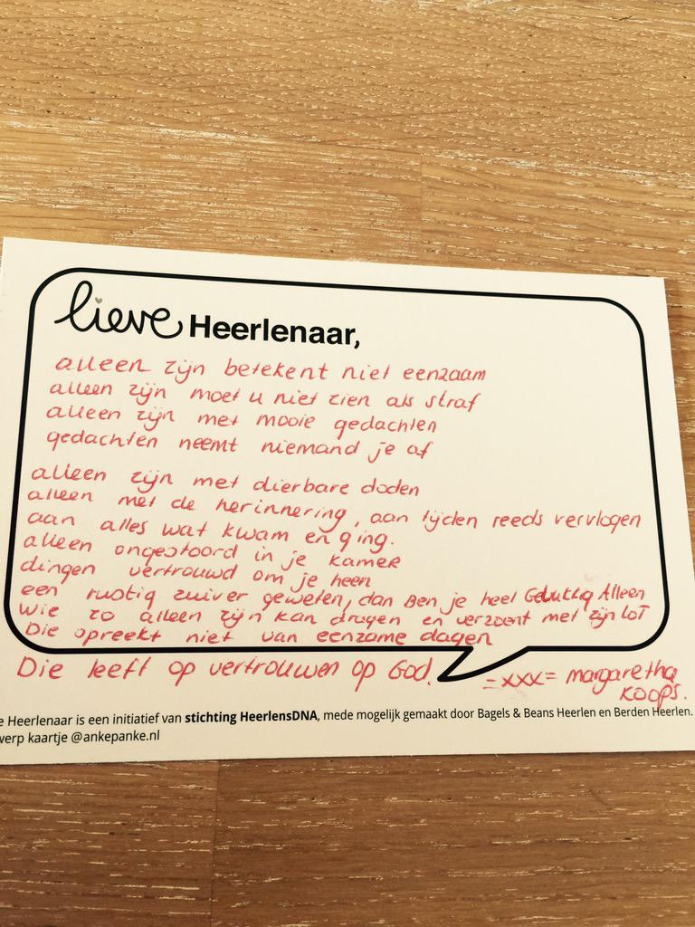 makeover_guru's tweet photo. Geweldig initiatief chapeau @HeerlensDNA @bagelsbeans @berden een quote schrijven / kaart voor #eenzameouderen http://t.co/3TIt50EMCE