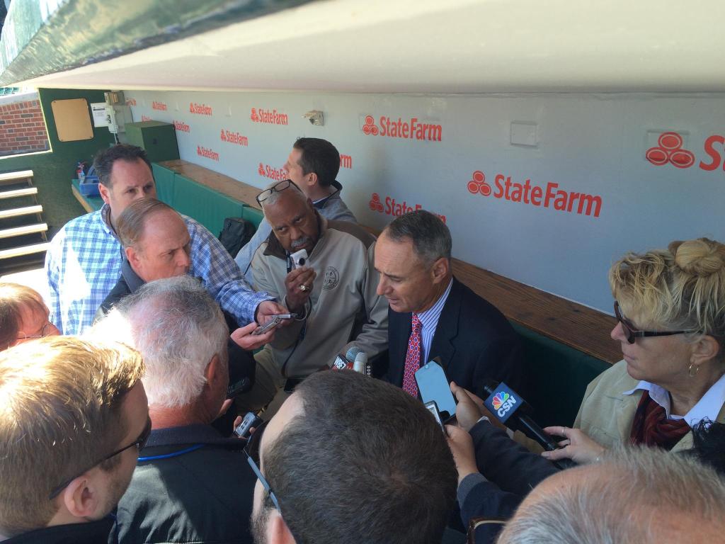 Cubs's tweet image. We are happy to welcome Commissioner Rob Manfred to Wrigley Field! #LetsGo