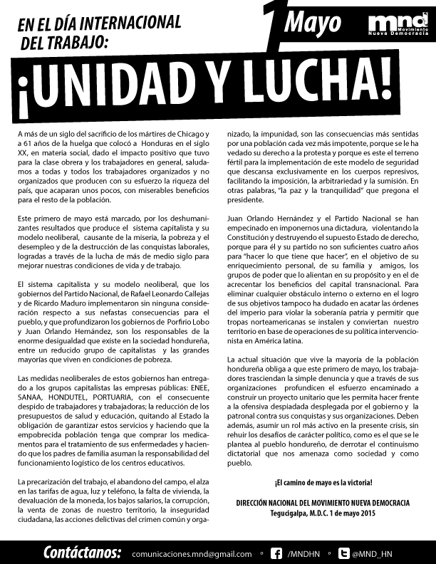 MND_HN's tweet photo. En este día del trabajador/a, 
¡UNIDAD Y LUCHA! http://t.co/n8Ve4FzTA9