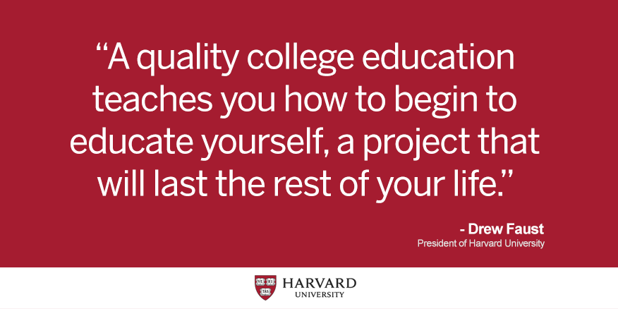 Harvard's tweet photo. President Faust on the incredible and enduring impact of higher education http://t.co/vYNkybKHZY #ReachHigher http://t.co/E1Djissguu