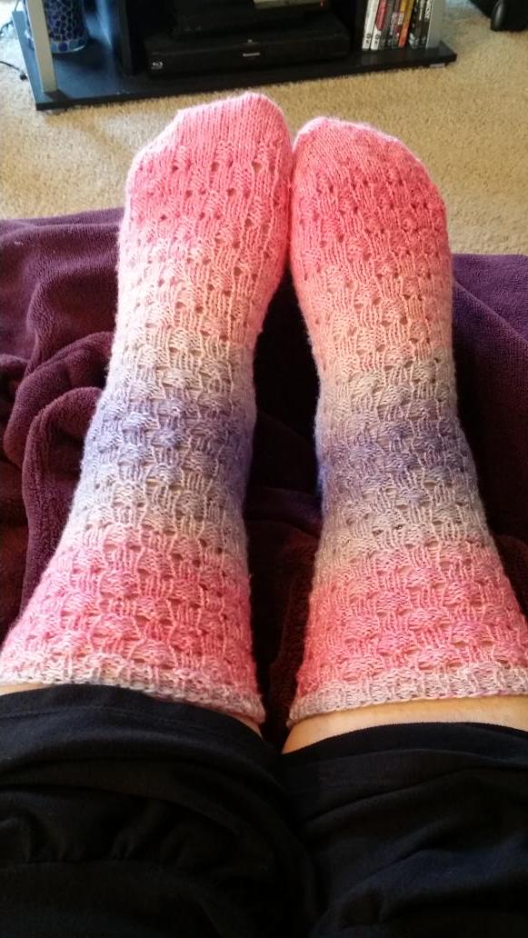 Kool - aid dyed sock blank in the pattern Gumdrop from Cast On Magazine.