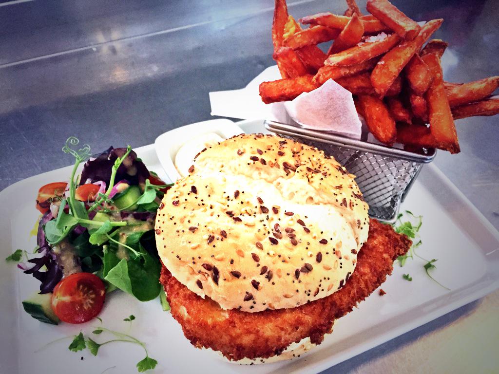 Homemade Chicken Burger in Crispy Panko Bread Crumb, Smokey Mayo &amp; Sweet Potato Fries