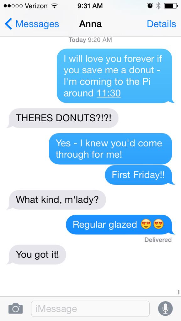 renee_donner's tweet photo. The best conversation to have on a Friday morning #donuts #blessed #thelittlethings @a_mctygue http://t.co/BBlEKP616T