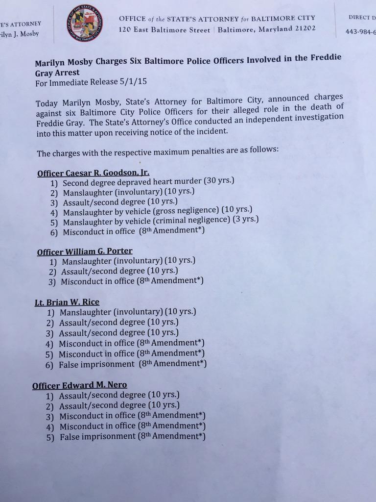 trymainelee's tweet photo. Officers names and charges in Freddie Gray case. http://t.co/AAr7BD4dcQ