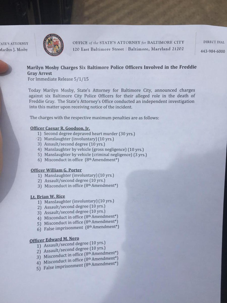 BuzzFeedNews's tweet photo. .@meganspecia photos show full list of charges filed against 6 Baltimore officers https://t.co/nnThEW2HMq