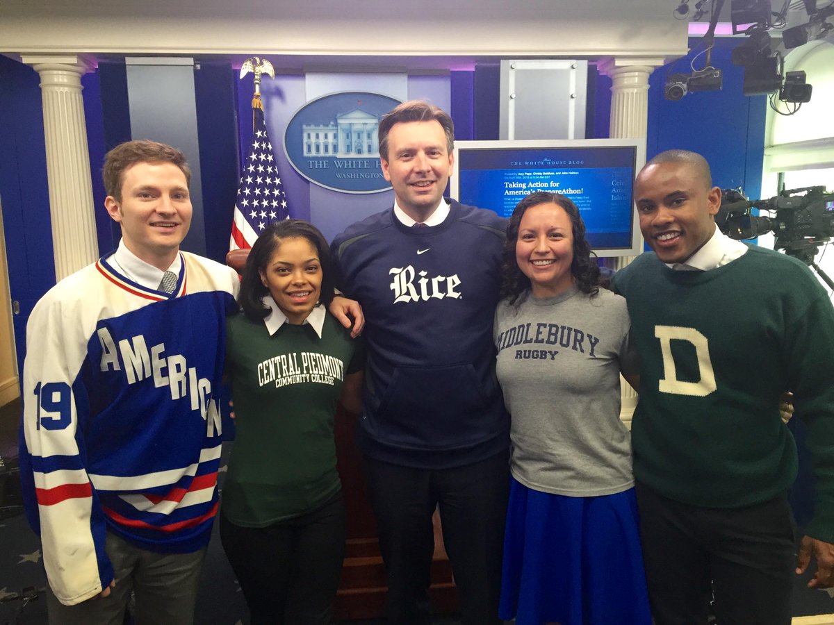 PressSec44's tweet image. Celebrating #CollegeSigningDay here at the @WhiteHouse, share a photo in your school gear with #ReachHigher