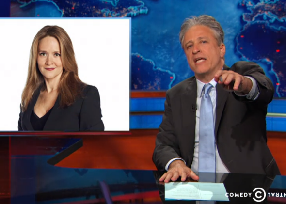 SlateCulture's tweet photo. Last night's Daily Show paid tribute to Samantha Bee: http://t.co/BmHR04KajW http://t.co/8qRZrubbZs
