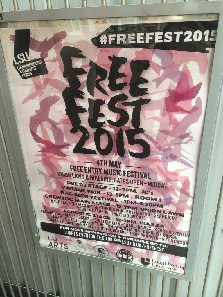 DBELoughborough's tweet photo. Catch us at #freefest2015 this coming Monday. We're in JCs from midday #DBE2015 http://t.co/LdBVaxyRKk