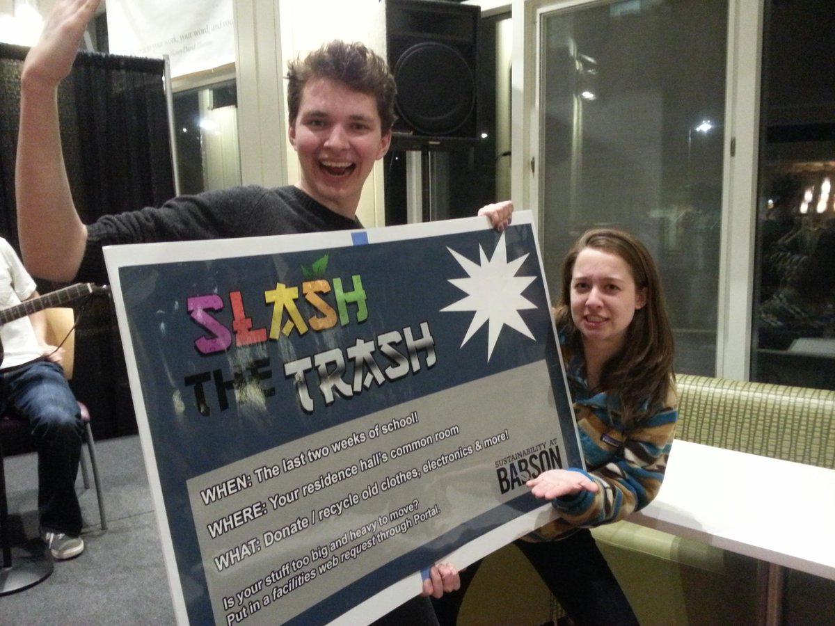 BabsonEcoRep's tweet photo. Future @BabsonSustain inters Kai and Brenna want you to #SlashTheTrash! #Babson http://t.co/7sEivrE3ge