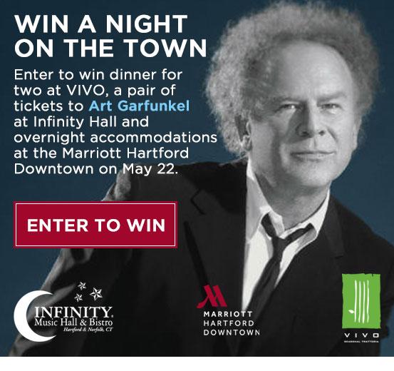 Win dinner with us, <a href="/infinityhall/">Infinity Hall</a> Art Garfunkel tix and stay over at <a href="/marriottdwntown/">Hartford Marriott</a> on 5/22 ow.ly/Mo6Ma