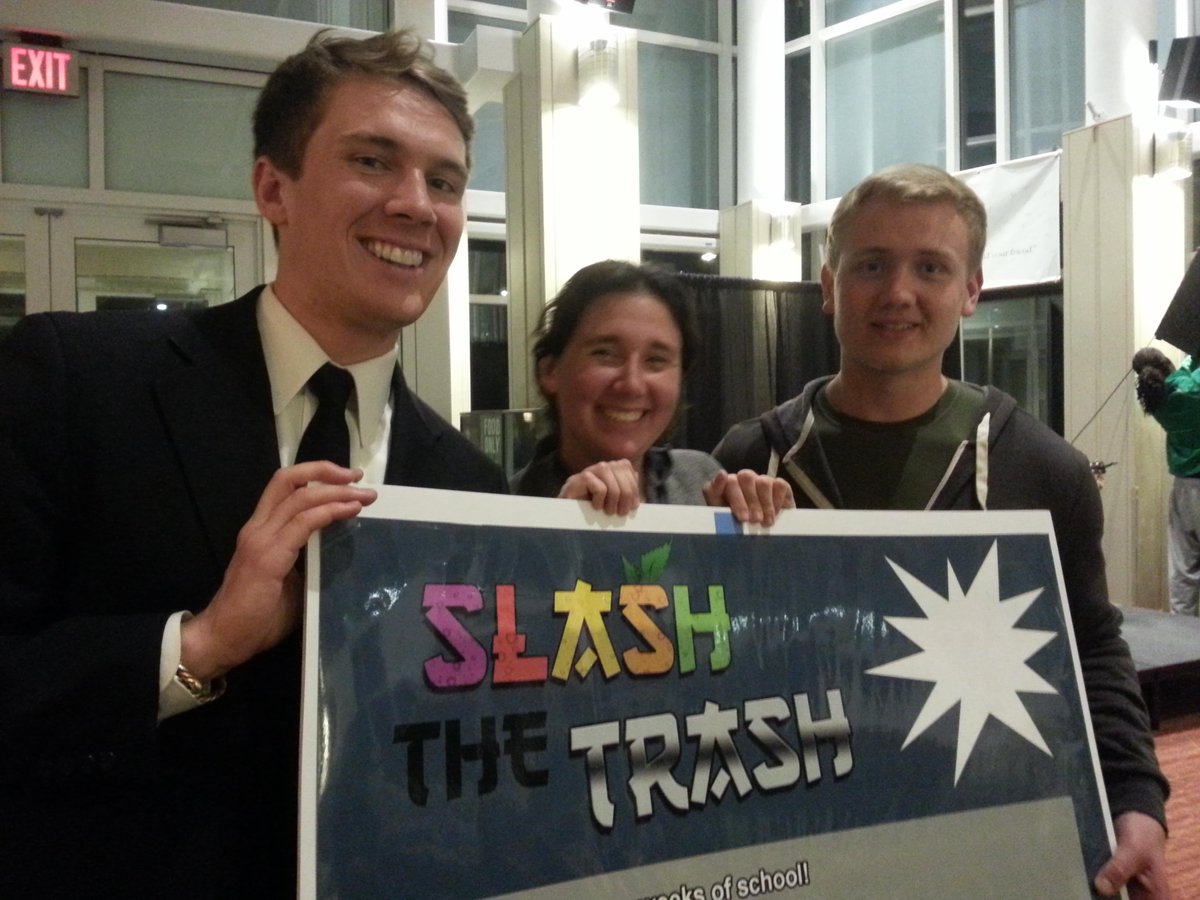 BabsonEcoRep's tweet photo. RAs @David_Hines2, @blairginden and Matt Hard want you to #SlashTheTrash! #Babson http://t.co/J7IAX6tKj3