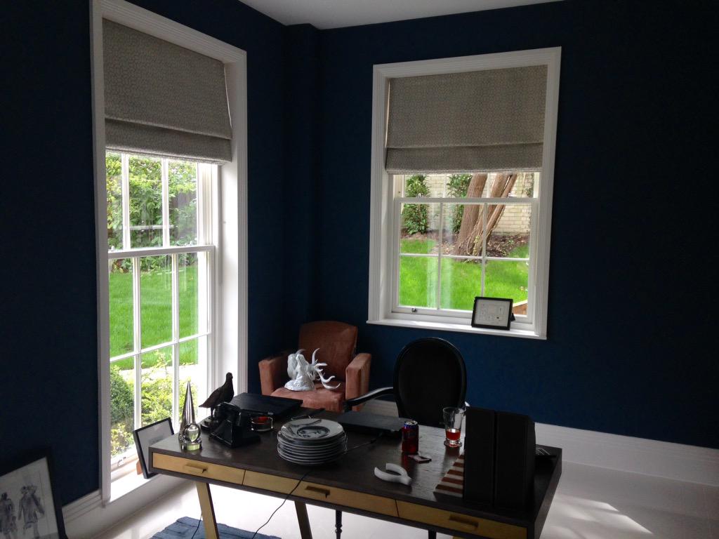 JuneWatmore's tweet image. Roman blinds in a study lined and interlined in a #zinc fabric by #romo. A beautiful house in #Surrey
