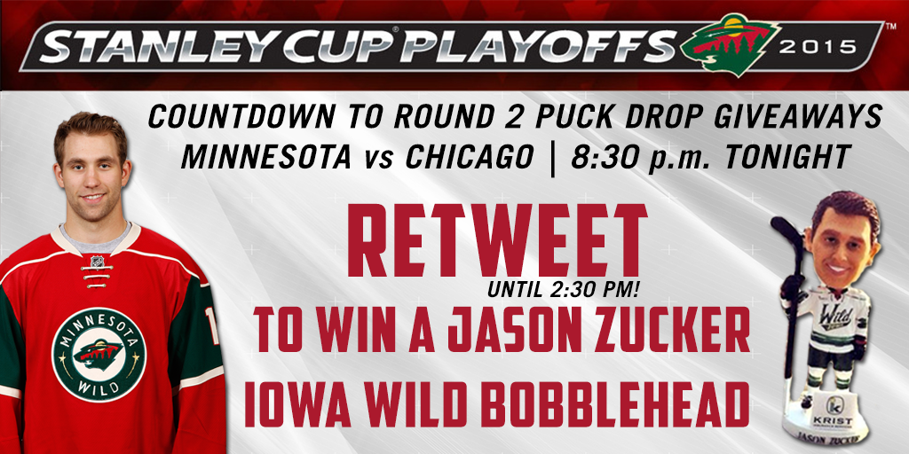 RT to win! The countdown to Round 2 continues... a lucky <a href="/Jason_Zucker16/">Jason Zucker</a> bobblehead winner will be chosen at 2:30 pm!