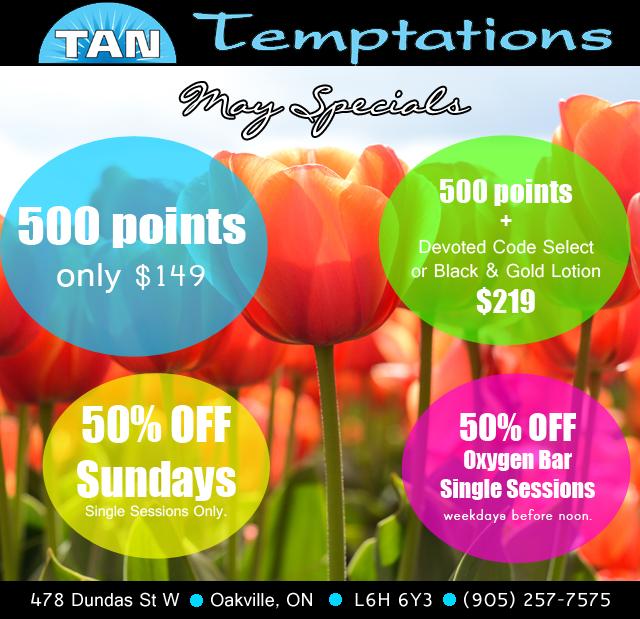 TanTemptations's tweet photo. Check out our #specials for #May! 500pts only $149! Try our new #oxygenbar weekdays before noon for 50% off! #tanning http://t.co/Ax9Tp7PWJQ