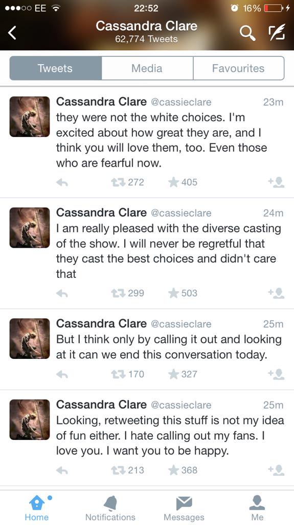 Reddit YA Literature (@reddityalit) on Twitter photo Impressed to see <a href="/cassieclare/">Cassandra Clare</a> calling out her fans making racist comments about the PoC casting in <a href="/ShadowhuntersTV/">Shadowhunters</a>. Impressed to see <a href="/cassieclare/">Cassandra Clare</a> calling out her fans making racist comments about the PoC casting in <a href="/ShadowhuntersTV/">Shadowhunters</a>.