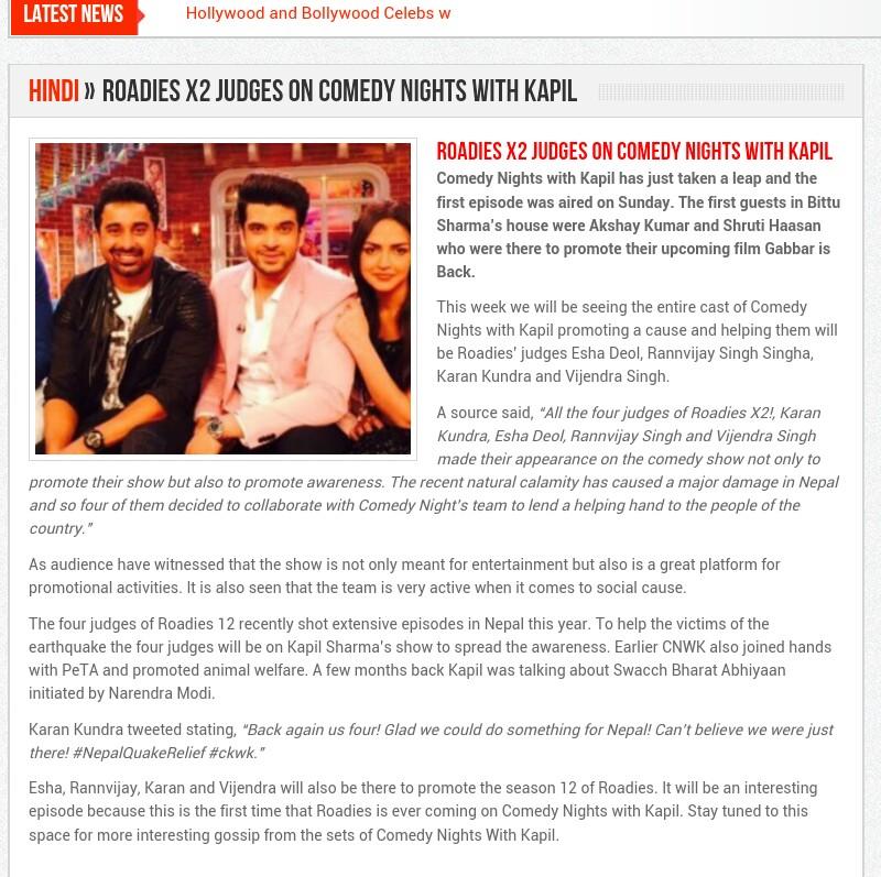 alya199121quee2's tweet photo. @kkundra @RannvijaySingha @Esha_Deol @boxervijender.
RoadiesX2 judges together again 4 good cause #HelpingNepal. http://t.co/WG5bRYWTtQ