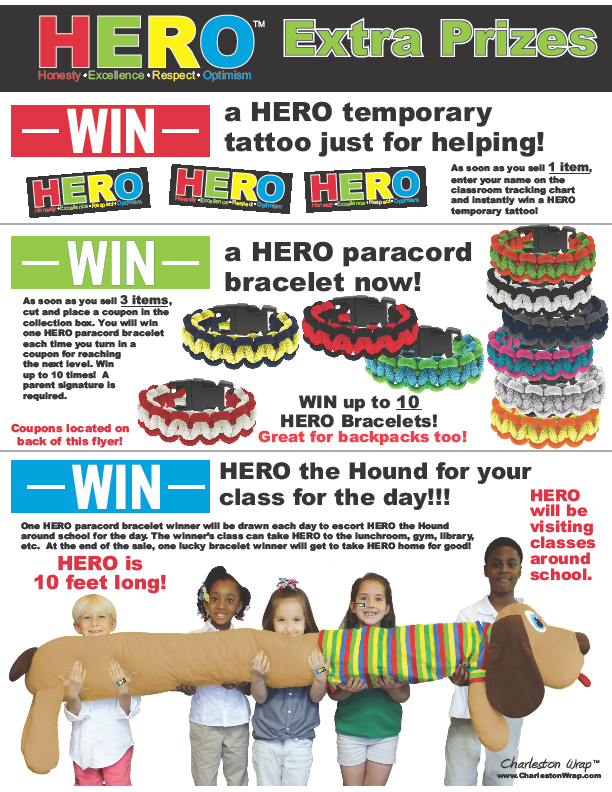 The temporary tattoos and paracord bracelets in our H.E.R.O. daily prize program teach great character qualities!