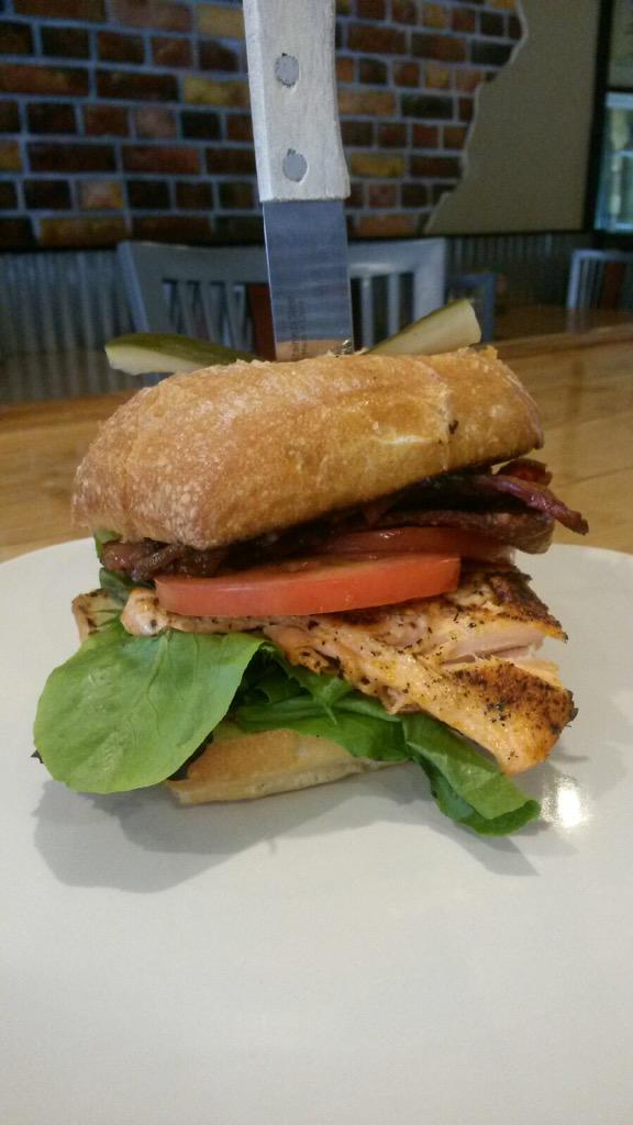 Today's awesome special is the blackened steelhead BLT, bacon, greens, tomato, garlic aioli on a ciabatta roll. 12$