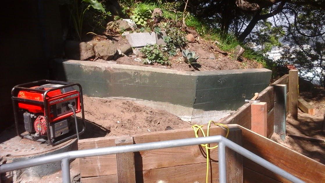 GardenSteps's tweet photo. New retaining wall (w/hammer) growing on the #SanFrancisco #HiddenGardenSteps site, thanks to @sfpublicworks http://t.co/kmXuC8MIgs