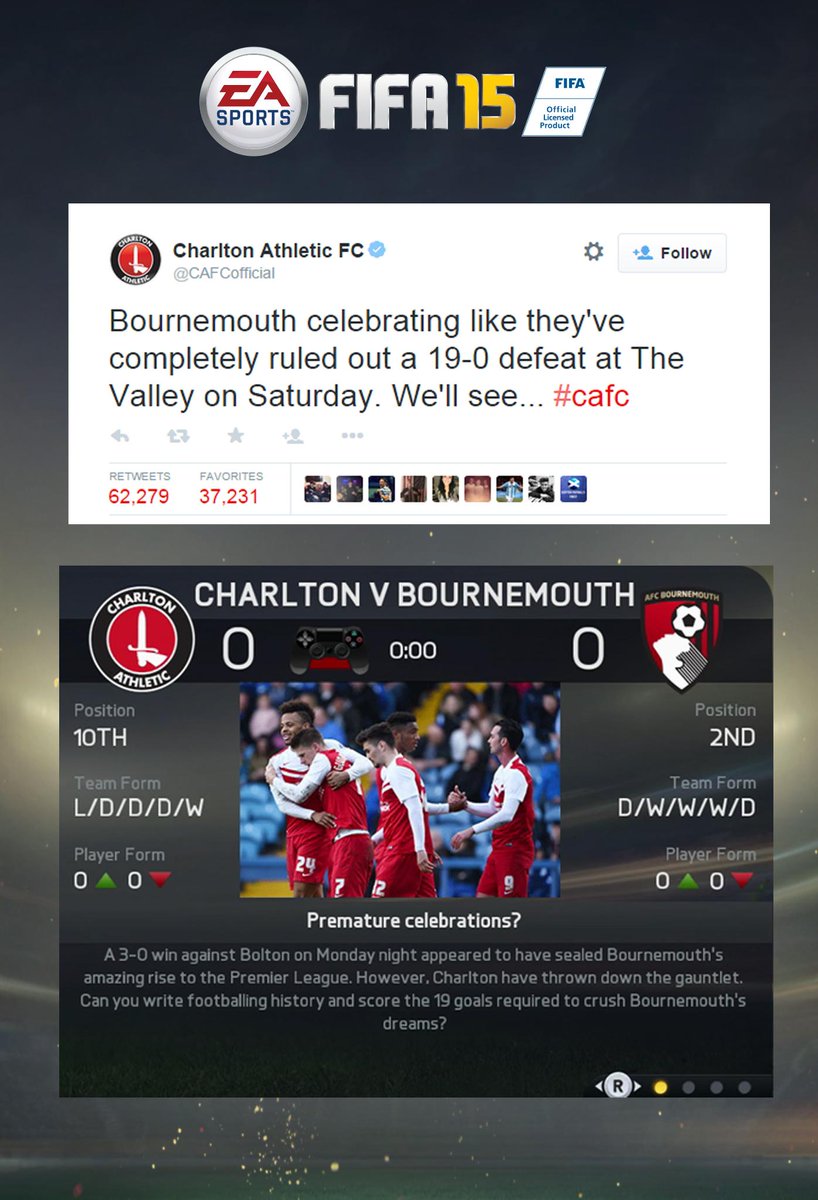 EASPORTSFC's tweet photo. Just the 19 goals required... @cafcofficial v @afcbournemouth Match Day Challenge now live! #FIFA15 http://t.co/E9f1OU6Ooq