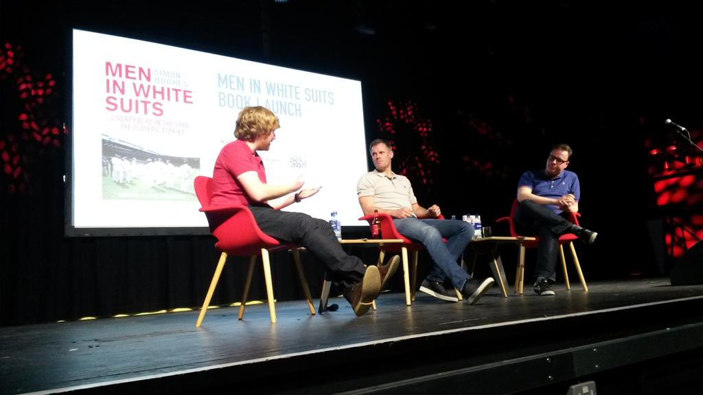 WaterstonesLPL's tweet photo. .@Simon_Hughes__ talking #MeninWhiteSuits with Jamie Carragher and @Knox_Harrington @TheAnfieldWrap @LFC in the 90s http://t.co/ma2Ty5VAwq
