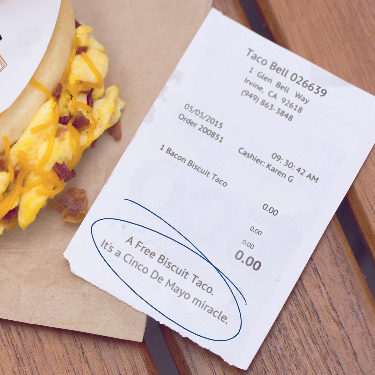 tacobell's tweet image. Let’s start the #CincoDeMayo party early. Get to Taco Bell before 11 am for your free Biscuit Taco.