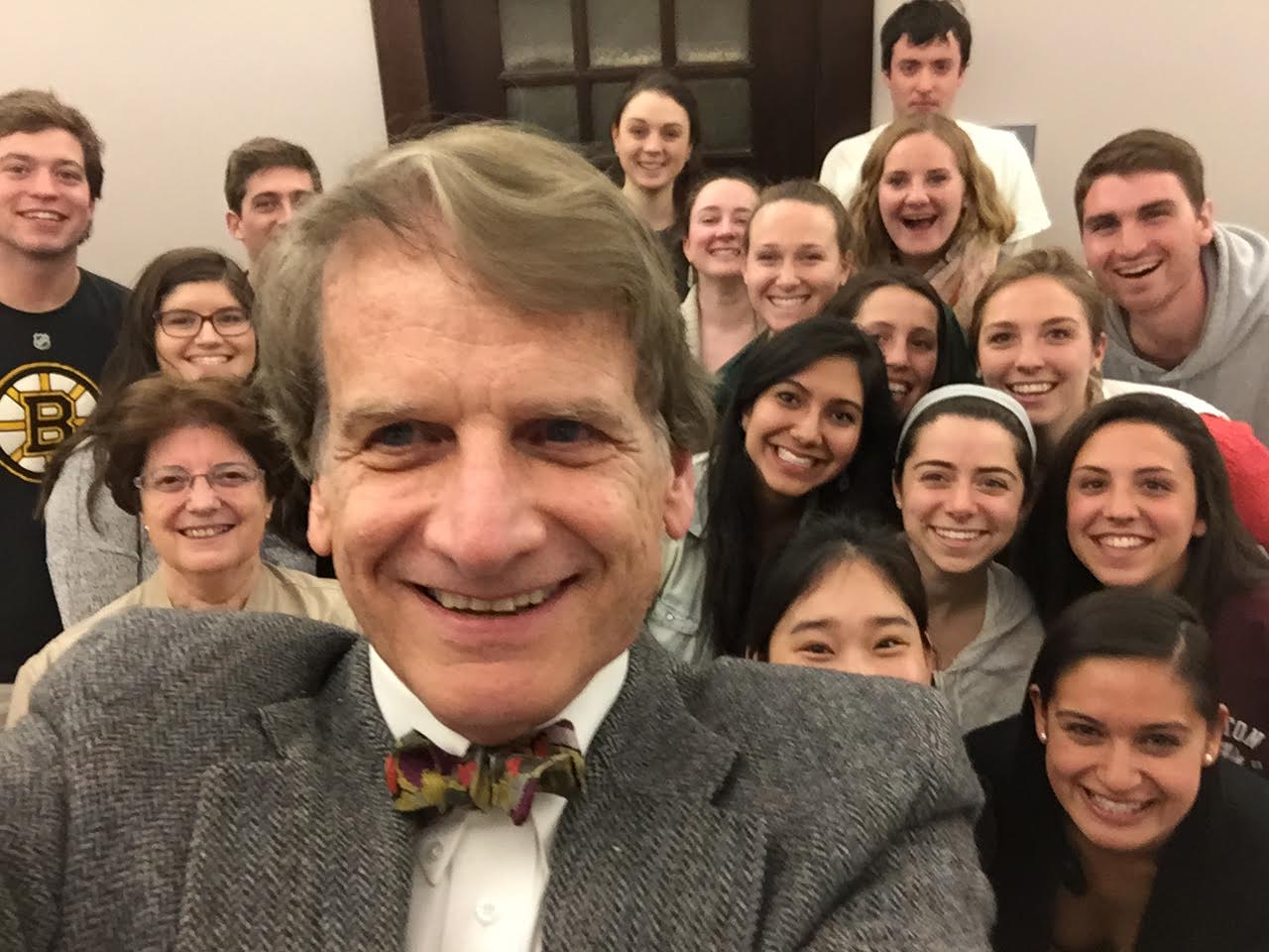 Theology Prof Fr. James Weiss takes his first-ever selfie with his Woods class
