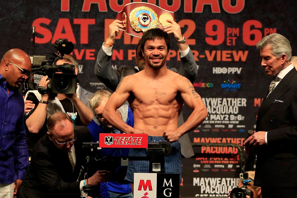 Manny Pacquiao weighs in at 145lbs for Saturday's fight, Floyd Mayweather at 146lbs: bbc.in/1GOpwjr