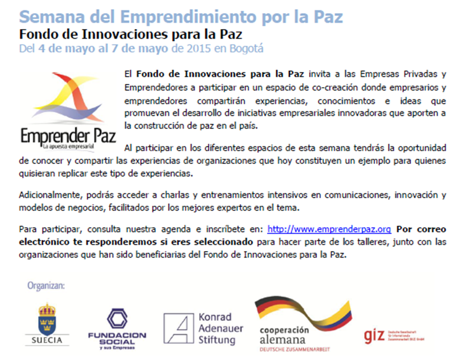 Castanoc's tweet photo. Mayo 4 al 7 - Bogotá. Una cita con el Emprendimiento, la Inversion de Impacto y la Paz. http://t.co/TVtuQdaTEI http://t.co/gBqsdW7fel