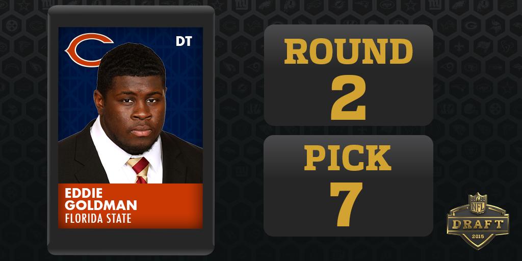 NFL's tweet photo. Round 2 - Pick 7

@ChicagoBears select Eddie Goldman, DT, Florida State #NFLDraft http://t.co/Ufa4iJHbL0