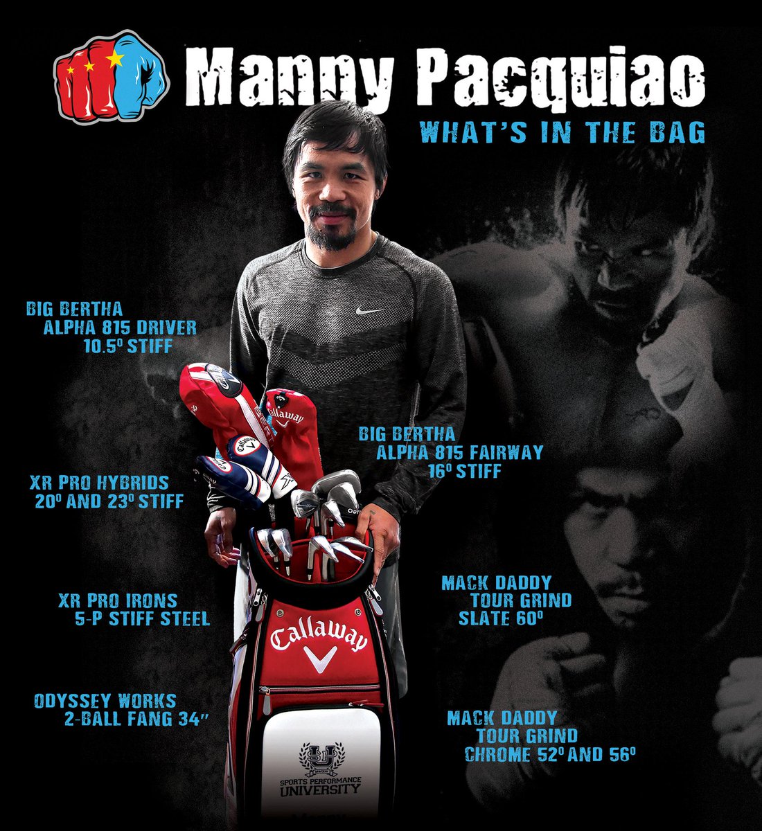 CallawayGolf's tweet photo. Fun fact: @MannyPacquiao delivers blows in the ring AND on the golf course. What's in his bag? http://t.co/qbp5RLKDK4 http://t.co/GDQfNUhpay