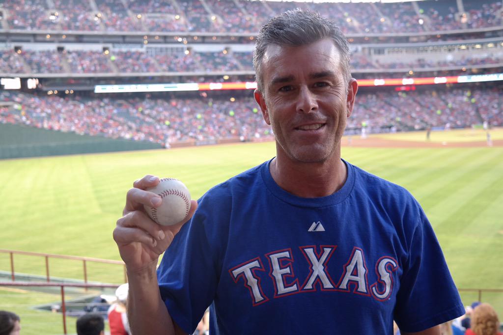 Rangers's tweet photo. Free souvenirs courtesy of Kyle Blanks &amp; @RealPFielder28. #HomeRunBaseballs http://t.co/Sra9JfwVtD