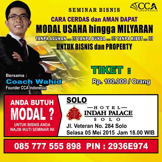 Solo... Seminar #ModalMilyaranTanpaAgunanTanpaBunga kembali hadir Selasa 5 Mei jam 18.00 di Hotel Indah Palace.