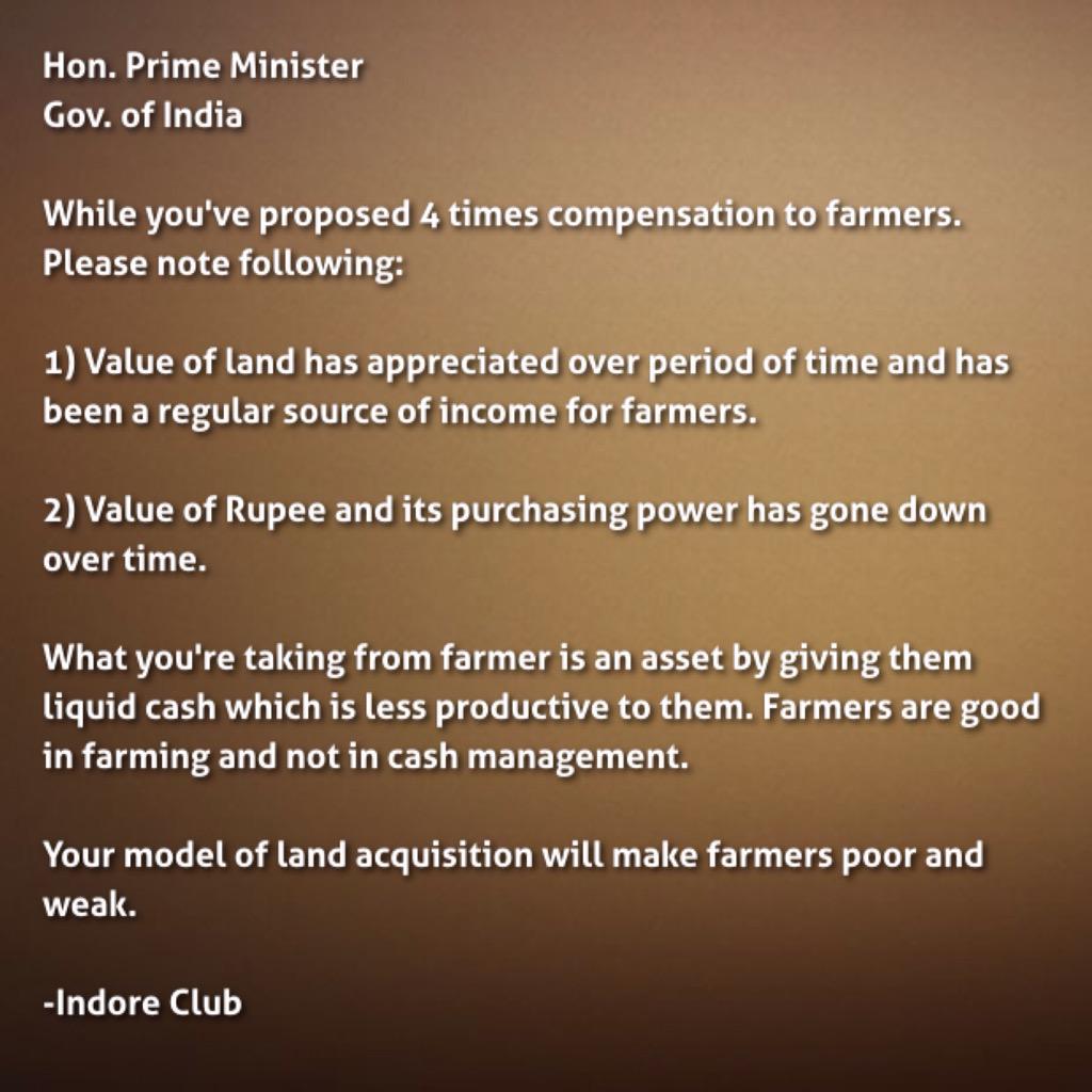 IndoreClub's tweet photo. @PMOIndia Important questions about proposed #LandAcquisition Bill @narendramodi @INCIndia @BJP4India @AamAadmiParty http://t.co/tHTd88wNkr