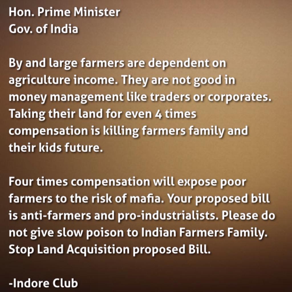 IndoreClub's tweet photo. @PMOIndia Important questions about proposed #LandAcquisition Bill @narendramodi @INCIndia @BJP4India @AamAadmiParty http://t.co/zhym6hg2po