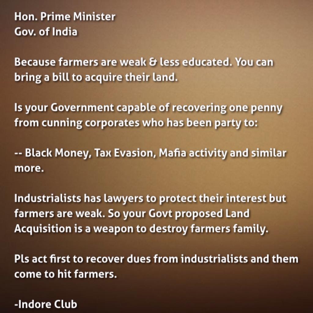 IndoreClub's tweet photo. @PMOIndia Important questions about proposed #LandAcquisition Bill @narendramodi @INCIndia @BJP4India @AamAadmiParty http://t.co/X4XUZ9BX9g