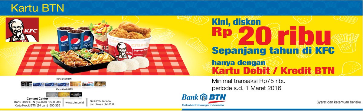 bankbtn's tweet photo. Nikmati diskon Rp 20 Ribu di @KFCINDONESIA dengan kartu debit/ kredit BTN s.d 1 Maret 2016 http://t.co/2HqQzIycD1