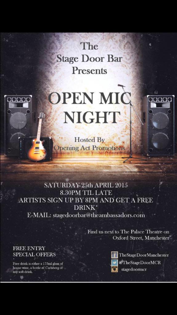 TheStageDoorMcr's tweet photo. This Saturday we have our Open Mic Night! It's going to be another busy one!! http://t.co/NfO8heOOzR