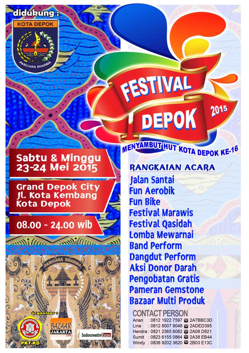 bazaarjakartaID's tweet photo. @jakevent FESTIVAL DEPOK 23-24 May 2015 (WEEK END) Puncak perayaan HUT KOTA DEPOK ke-16. Join us 081219227597 http://t.co/7zdcfiUpD6