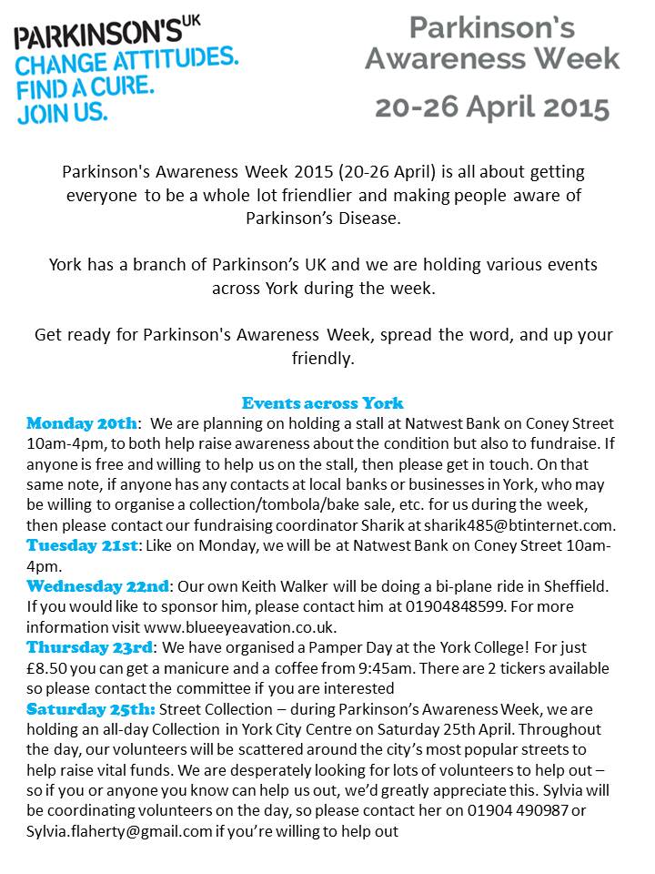 PUKYork's tweet photo. Make sure you come see us this week! #parkinsonsawarenessweek http://t.co/LGRhVdXGLL