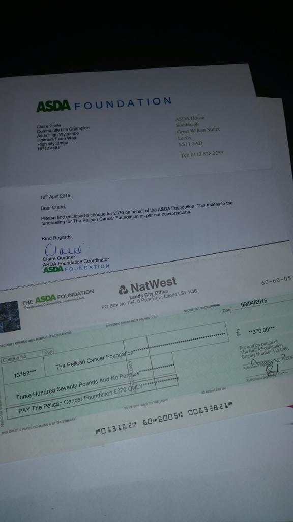 Community Champion (@asdahighwycombe) on Twitter photo Thank you to <a href="/AsdaFoundation/">Asda Foundation</a> for granting a £370 donation to <a href="/Pelican_Cancer/">Pelican Cancer Foundation</a> in support of @ninasfight!!! Thank you to <a href="/AsdaFoundation/">Asda Foundation</a> for granting a £370 donation to <a href="/Pelican_Cancer/">Pelican Cancer Foundation</a> in support of @ninasfight!!!