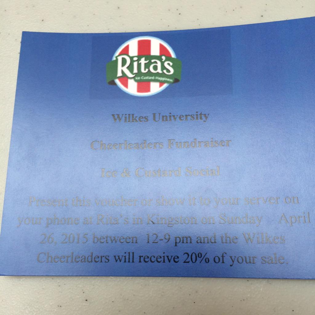 Make a trip to <a href="/RitasItalianIce/">Rita's Italian Ice</a> on Sunday for <a href="/WilkesU/">Wilkes University</a> Cheer to get 20% of your purchase! You must show this coupon!