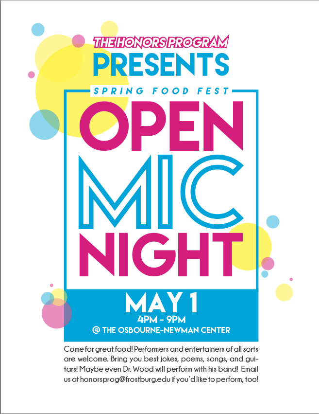HonorsProg's tweet photo. Honors Program Spring Food Fest/Open Mic Night: May 1st @ 4 pm - 9 pm in the Osbourne Newman Center. http://t.co/1KhrJyg6E1