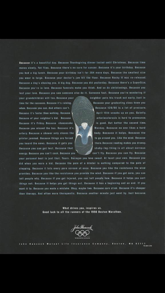 theadclub's tweet image. We think this @JohnHancockUSA ad from 1998 still applies to today's runners. #WeRunTogether #BostonMarathon
