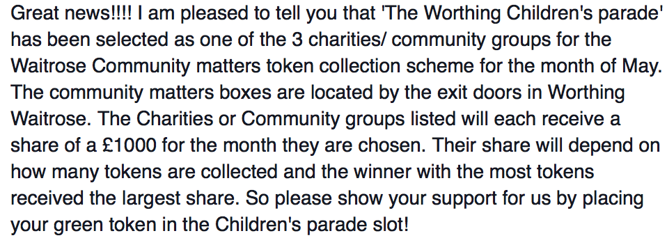 WorthingParade's tweet photo. Get voting for the WCP with your green token at Worthing Waitrose during May! we've got a Community Matters slot !!!! http://t.co/EblDNJK9DL