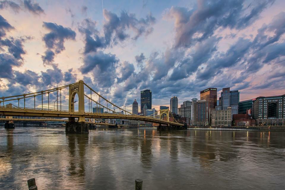 DaveDiCello's tweet photo. A few clouds at sunrise can provide the perfect complement to our beautiful #Pittsburgh skyline. Happy Pens Monday! http://t.co/8tgP5D8PI2