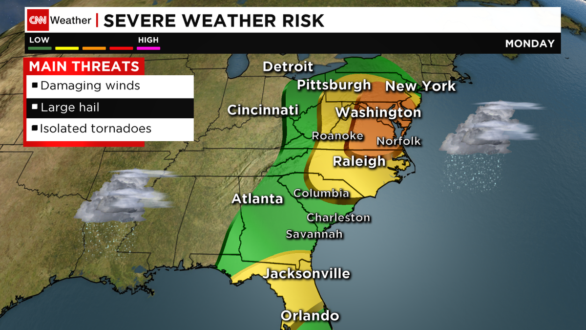 CNNweather's tweet photo. Enhanced risk of #severe storms for the Mid-Atlantic today. Damaging winds, large hail, and #tornadoes possible. http://t.co/KrNiPtyIDe
