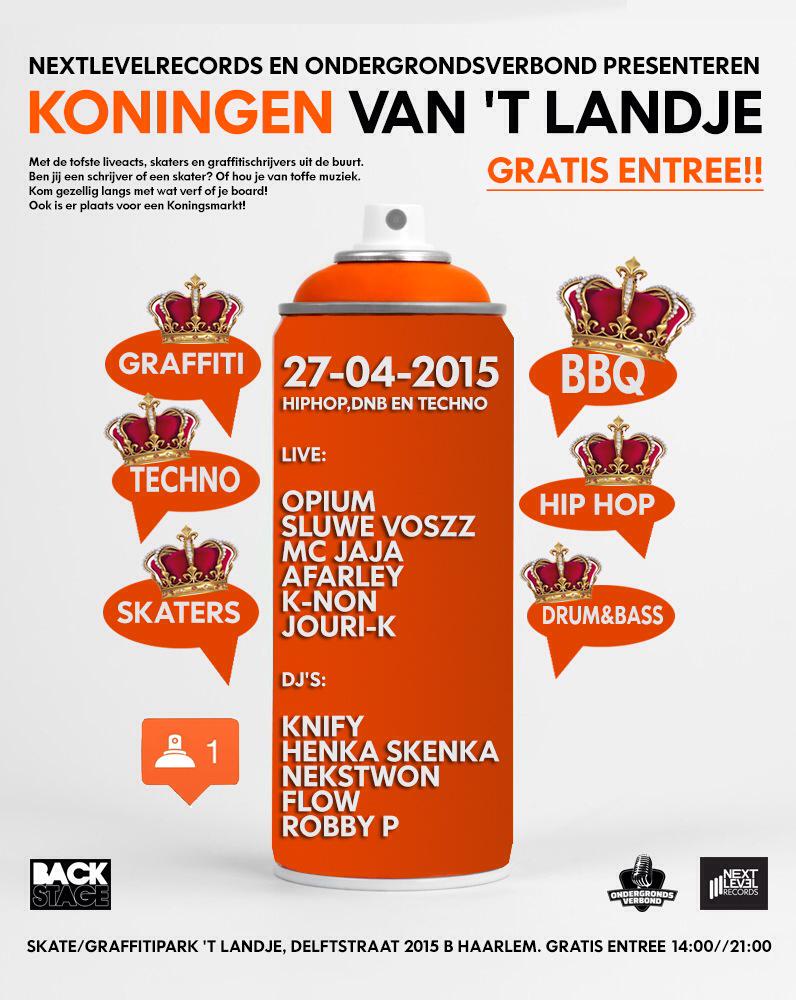 NLRECORDS's tweet photo. Ma 27-04 (Koningsdag) "KONINGEN VAN 'T LANDJE" met oa @SluweVoszz @MC_JAJA @KnifyNL @NekstWon en meer in #Haarlem http://t.co/6UbwcsCmaS”